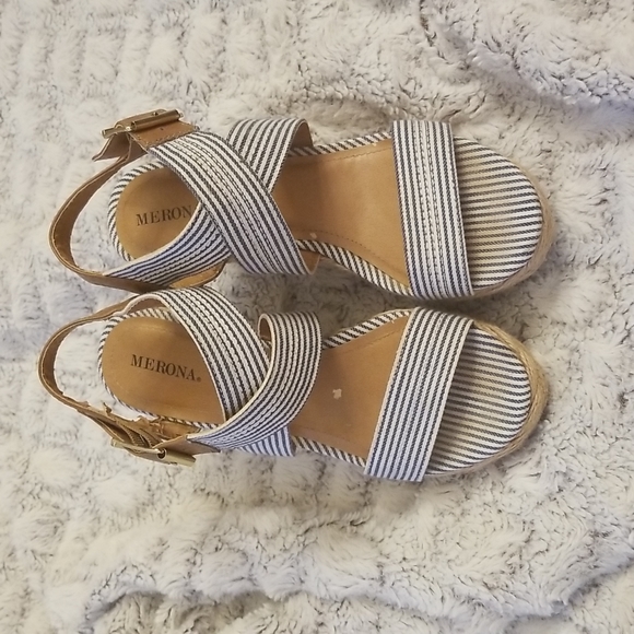 Blue and White Striped Cork Wedges - Picture 2 of 7